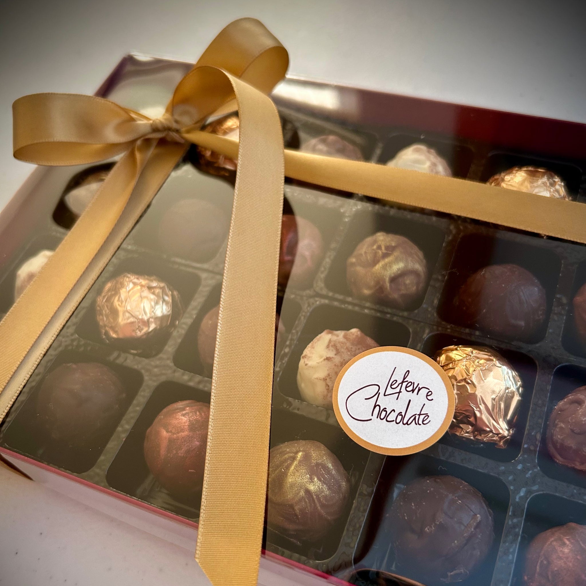 24 Artisan Belgian Chocolate Truffles Gift Box – luxury assortment of handcrafted truffles in an elegant gift box by Lefevre Chocolate