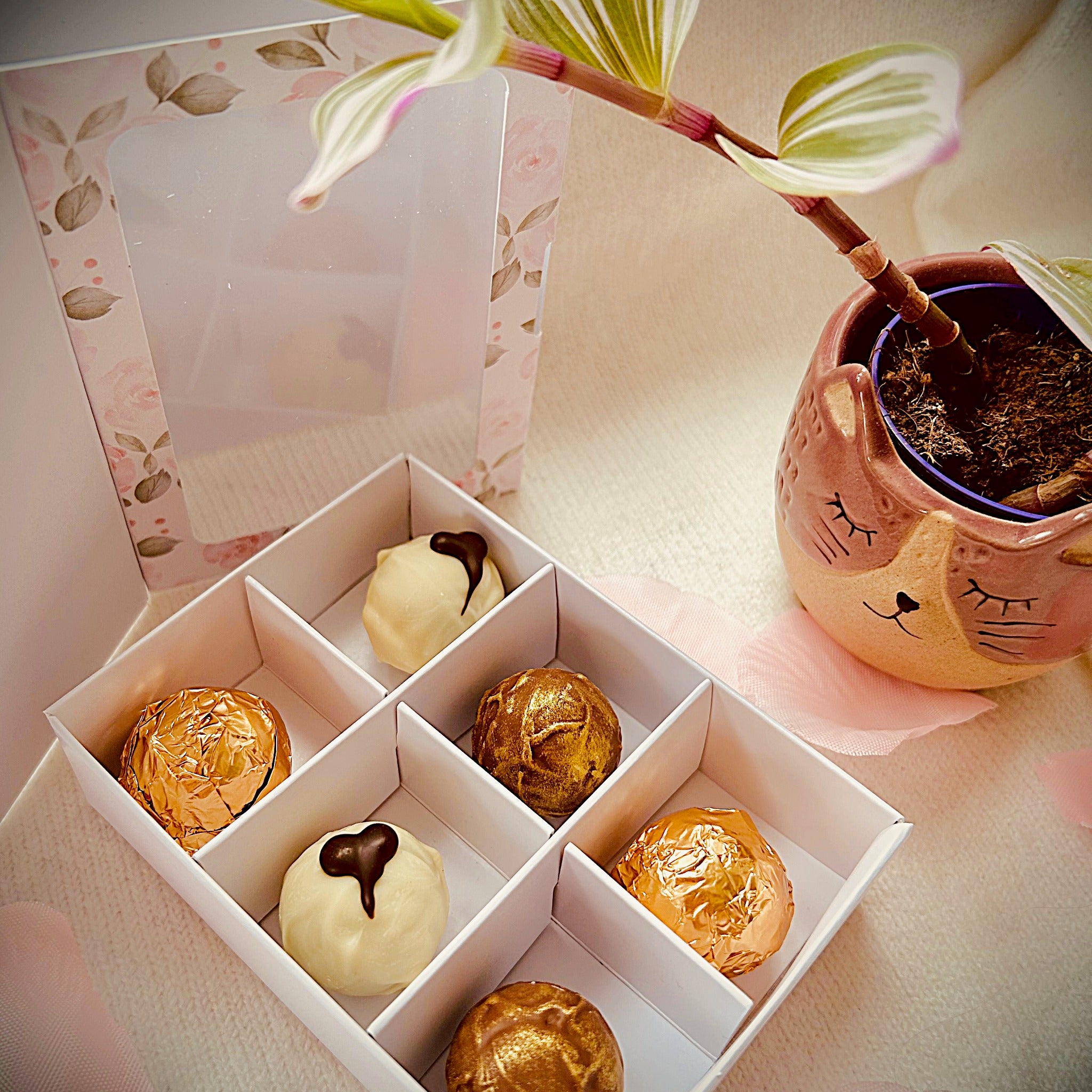 Mother's Day floral box of 6 Lefevre Chocolate Artisan Belgian Chocolate Truffles - gift box of chocolates - totally handmade in Shropshire